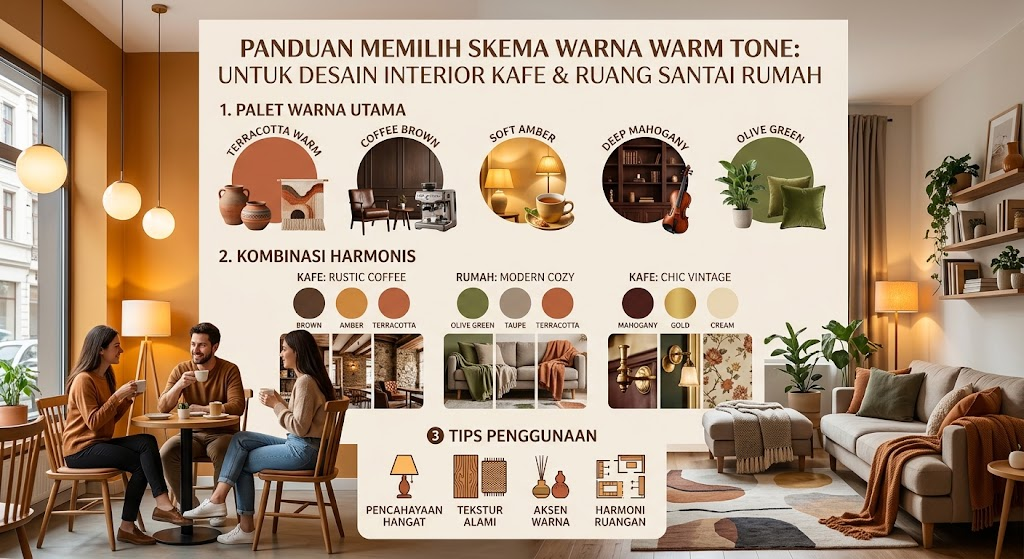 Infografis panduan memilih skema warna warm tone untuk interior kafe dan rumah, menampilkan palet warna seperti Terracotta, Coffee Brown, dan Olive Green beserta contoh penerapannya.