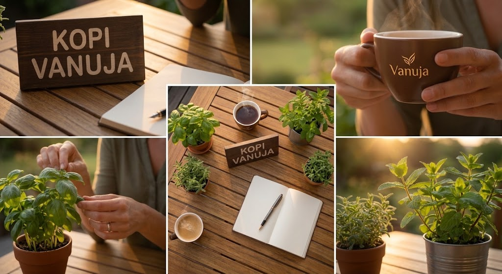 Kolase foto suasana kopi Vanuja di meja kayu luar ruangan saat matahari terbenam. Menampilkan plakat kayu 'Vanuja Coffee', cangkir kopi mengepul dengan logo daun emas, buku catatan terbuka dengan pulpen, dan tanaman pot basil serta mint. Terdapat teks alternatif dalam Bahasa Indonesia yang mendeskripsikan setiap panel.