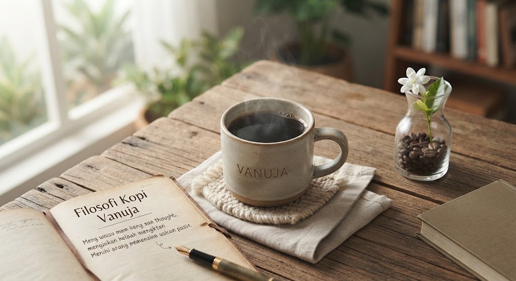 Secangkir kopi Vanuja yang mengepul di atas meja kayu pedesaan, dengan buku catatan terbuka bertuliskan 'Filosofi Kopi Vanuja' dan vas kecil berisi biji kopi dan bunga melati di sampingnya, menciptakan suasana tenang dan inspiratif.